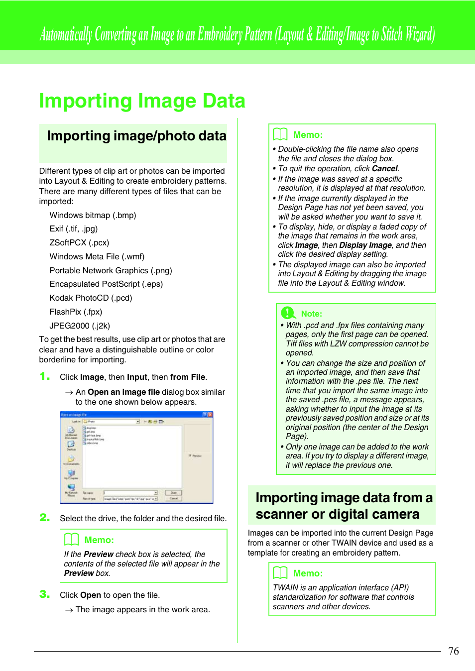 Importing image data, Importing image/photo data | Brother PE-DESIGN V7 User Manual | Page 82 / 361