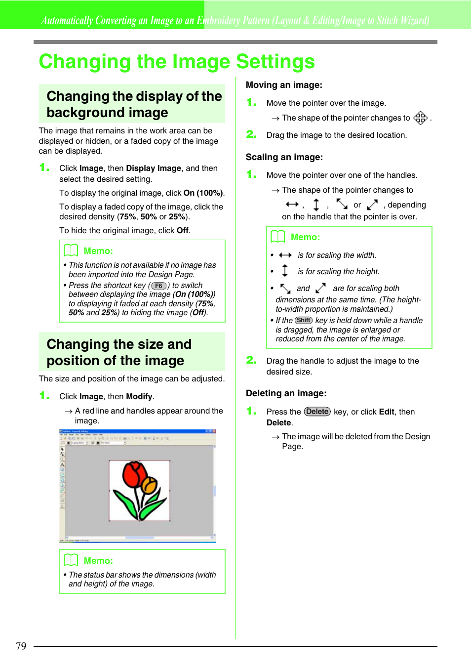 Changing the image settings, Changing the display of the background image, Changing the size and position of the image | Brother PE-DESIGN V7 User Manual | Page 85 / 361