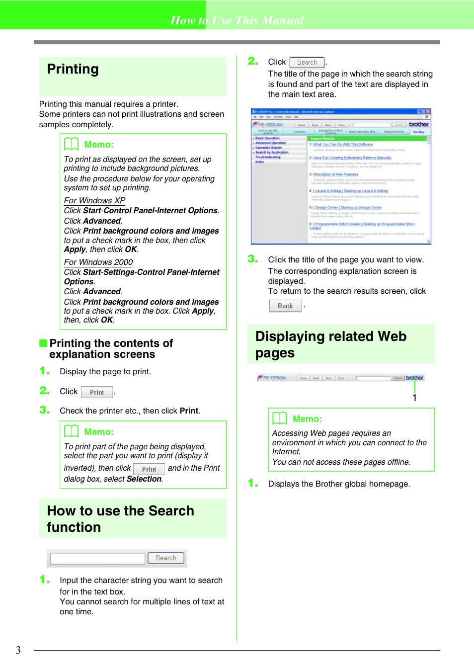 Printing, How to use the search function, Displaying related web pages | How to use this manual | Brother PE-DESIGN V7 User Manual | Page 9 / 361