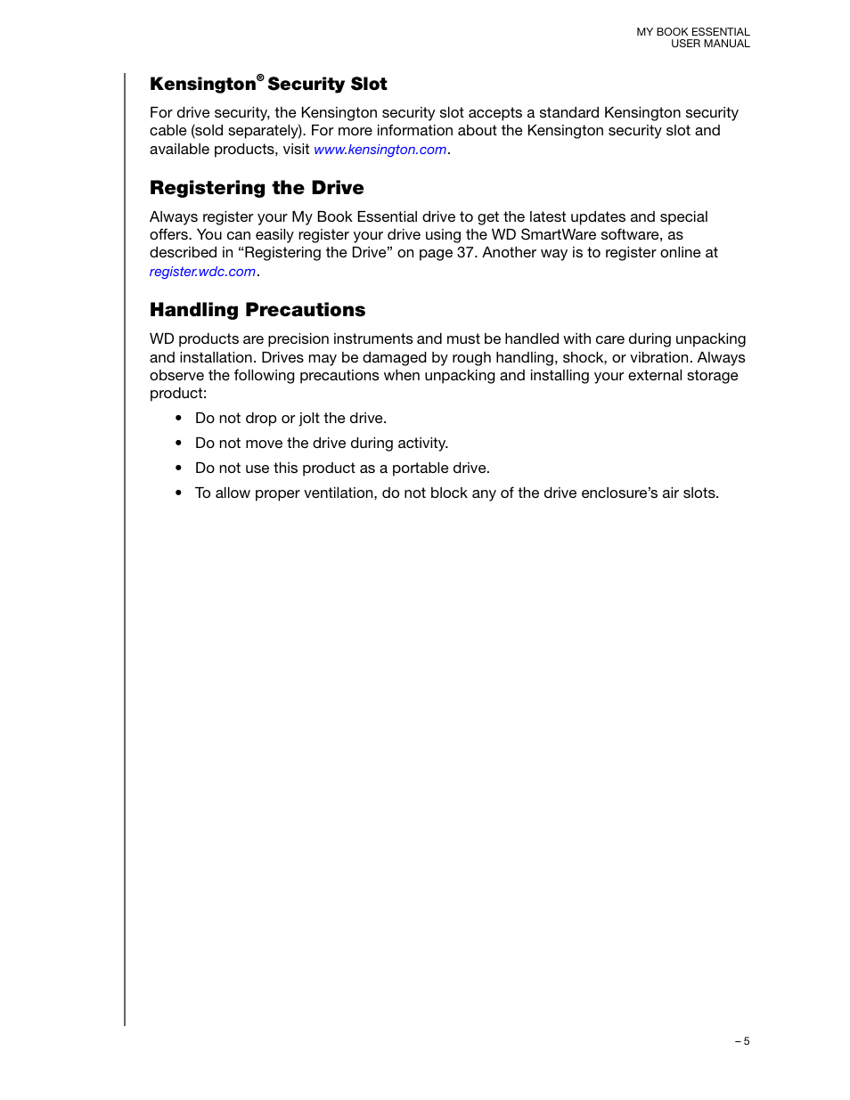 Kensington® security slot, Registering the drive, Handling precautions | Kensington, Registering the drive handling precautions, Security slot | Western Digital My Book Essential User Manual User Manual | Page 10 / 78