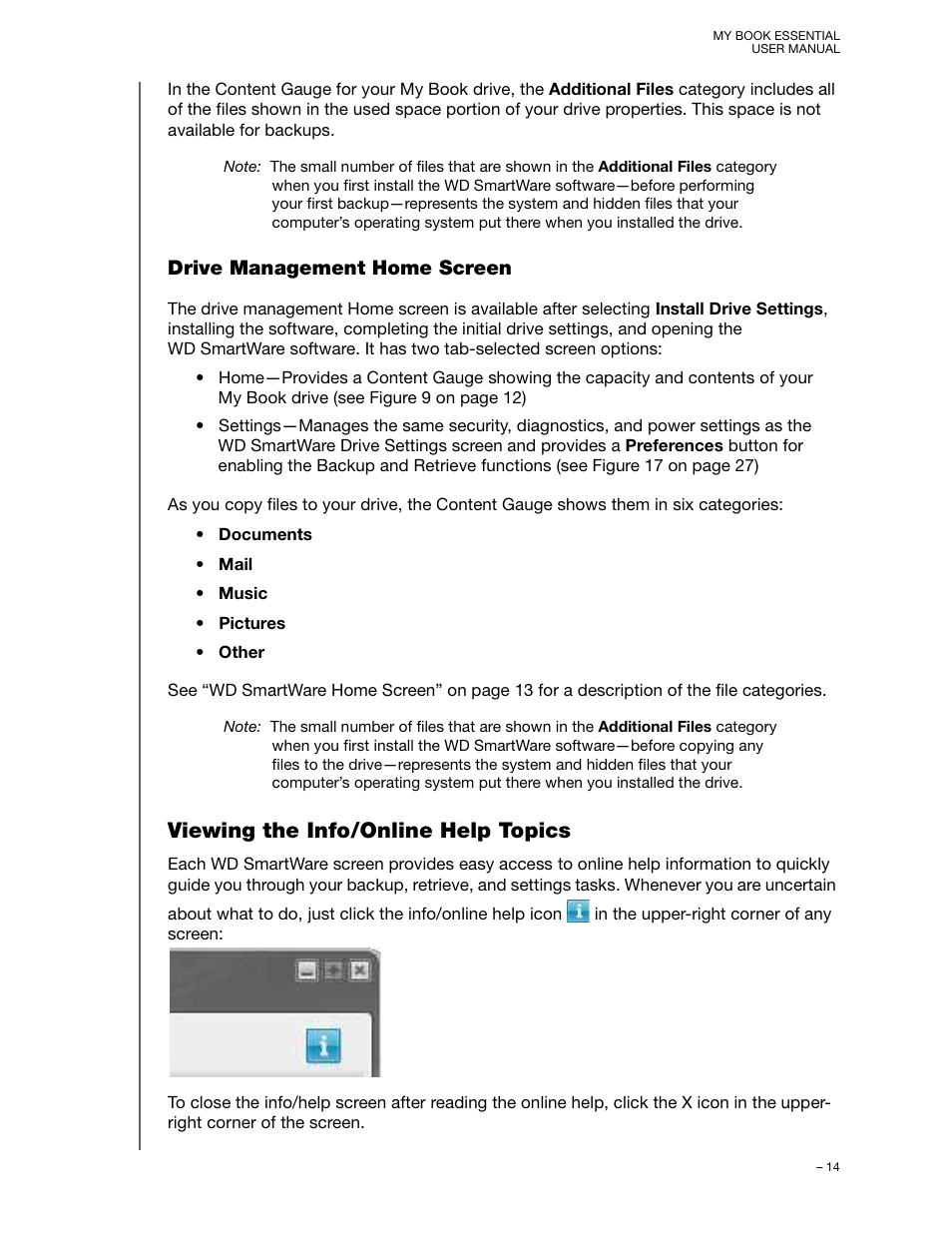 Drive management home screen, Viewing the info/online help topics | Western Digital My Book Essential User Manual User Manual | Page 19 / 78