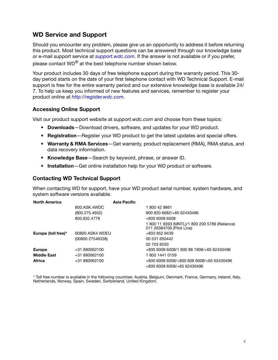 Wd service and support, Accessing online support, Contacting wd technical support | Western Digital My Book Essential User Manual User Manual | Page 2 / 78