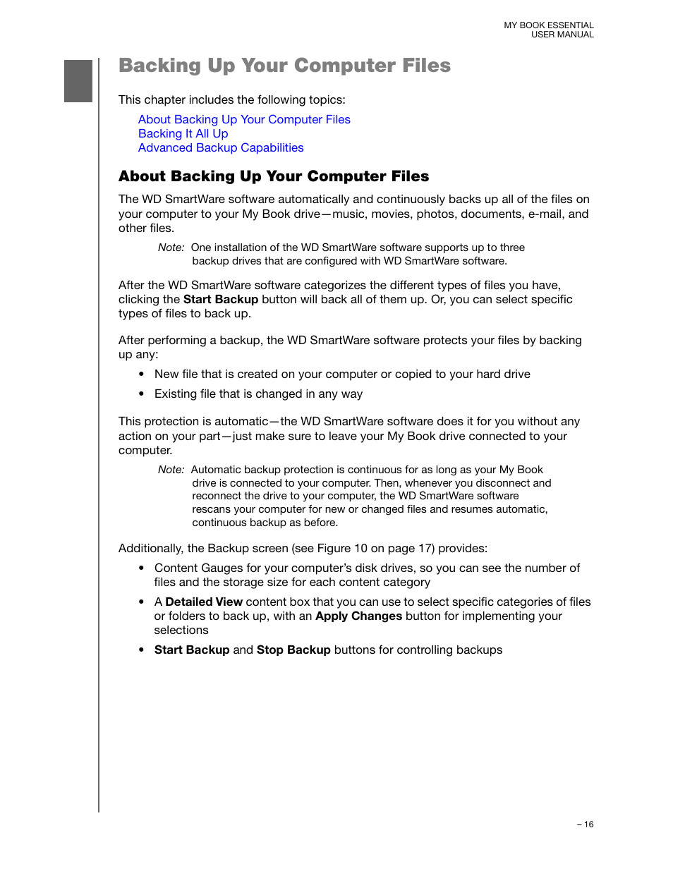 Backing up your computer files, About backing up your computer files, Backing up your | Western Digital My Book Essential User Manual User Manual | Page 21 / 78