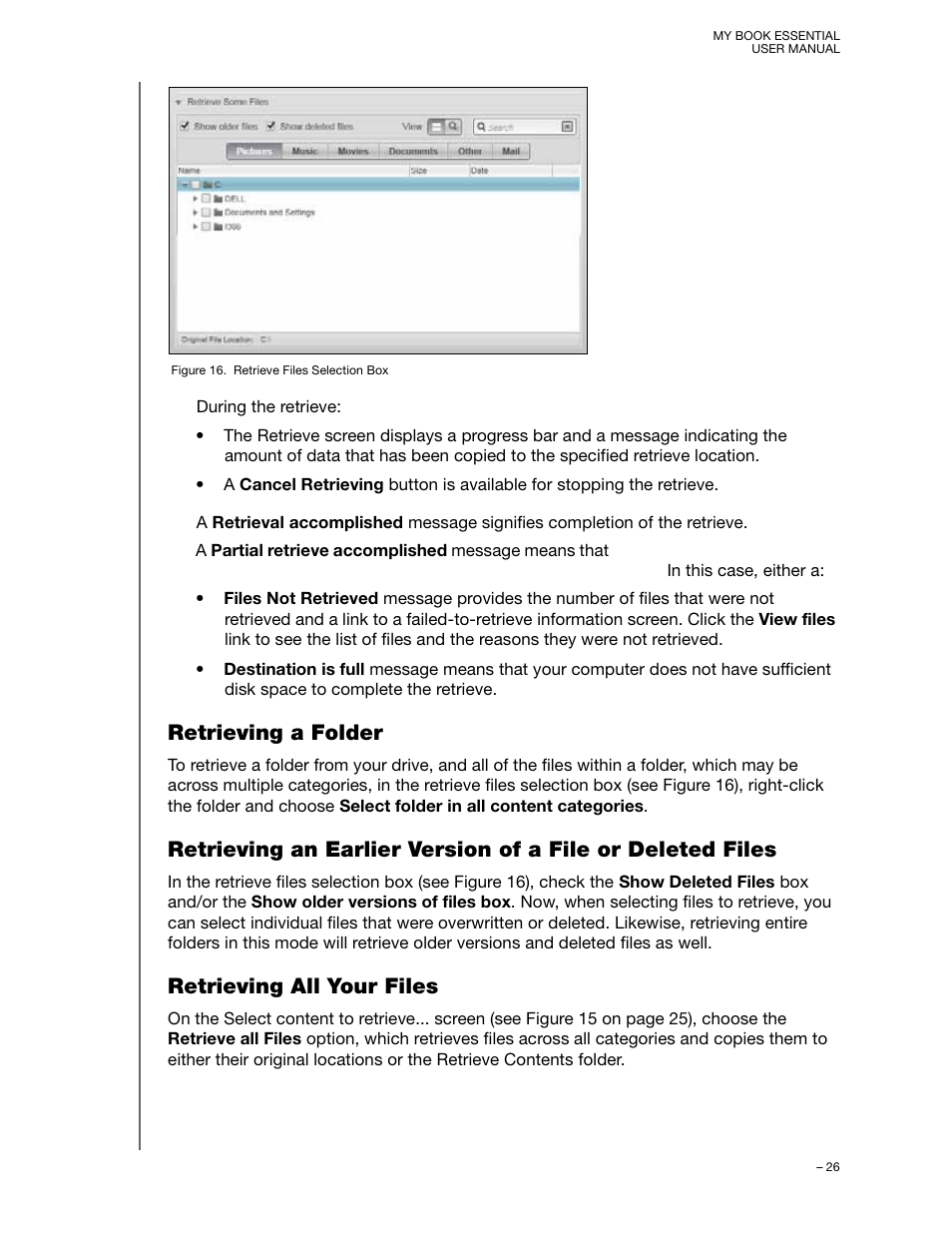 Retrieving a folder, Retrieving all your files | Western Digital My Book Essential User Manual User Manual | Page 31 / 78