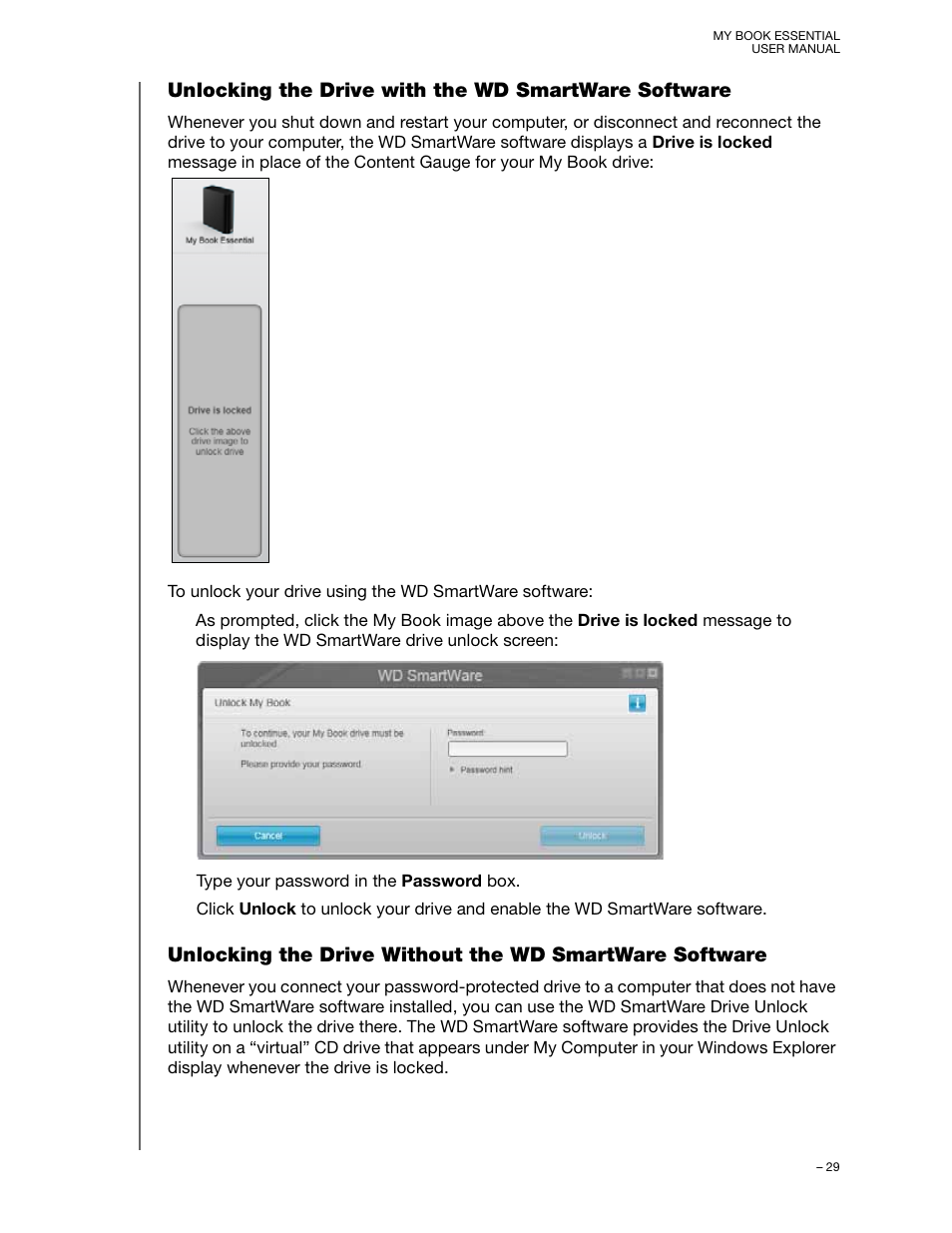 Unlocking the drive with the wd smartware software, Unlocking the drive without the w | Western Digital My Book Essential User Manual User Manual | Page 34 / 78
