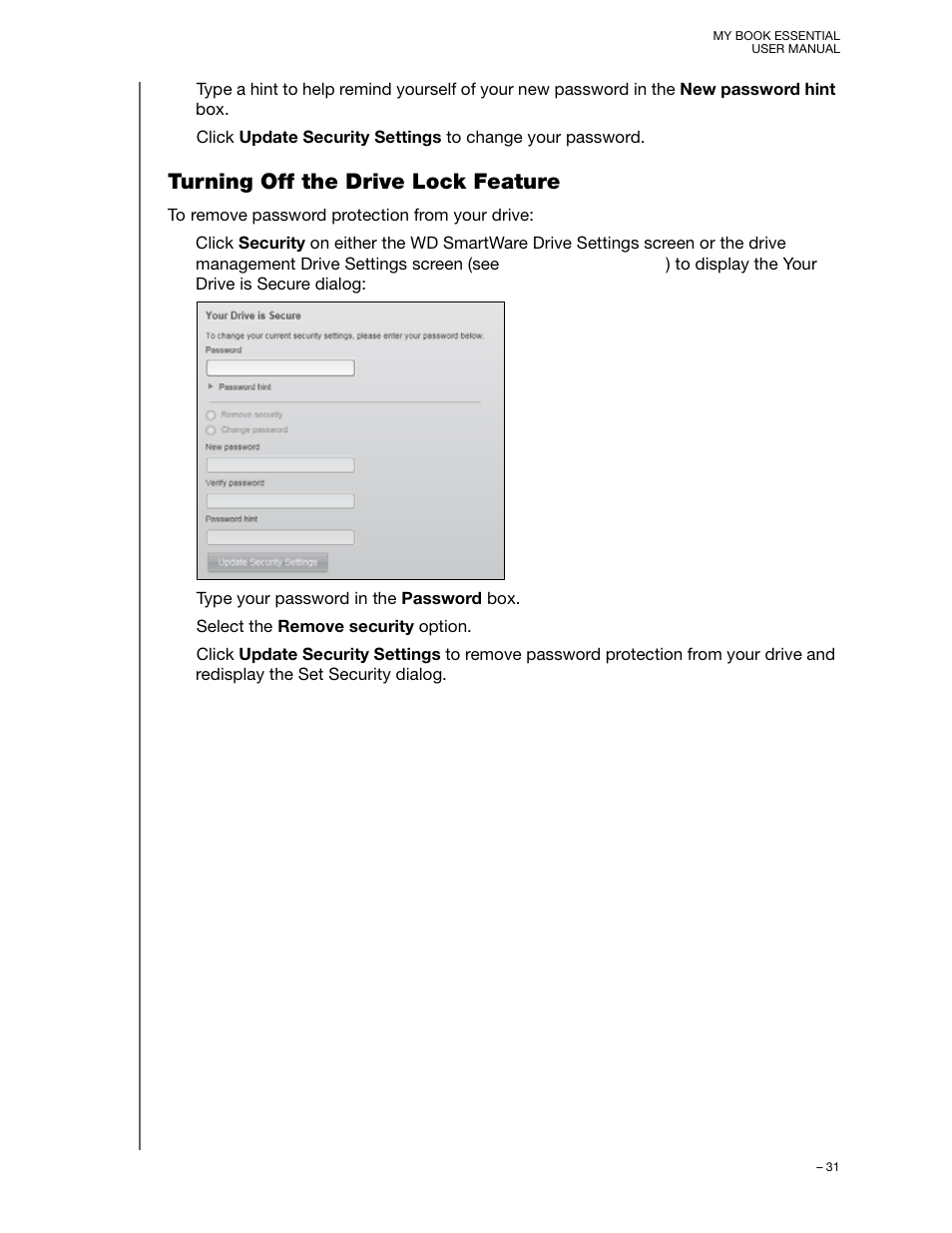 Turning off the drive lock feature | Western Digital My Book Essential User Manual User Manual | Page 36 / 78