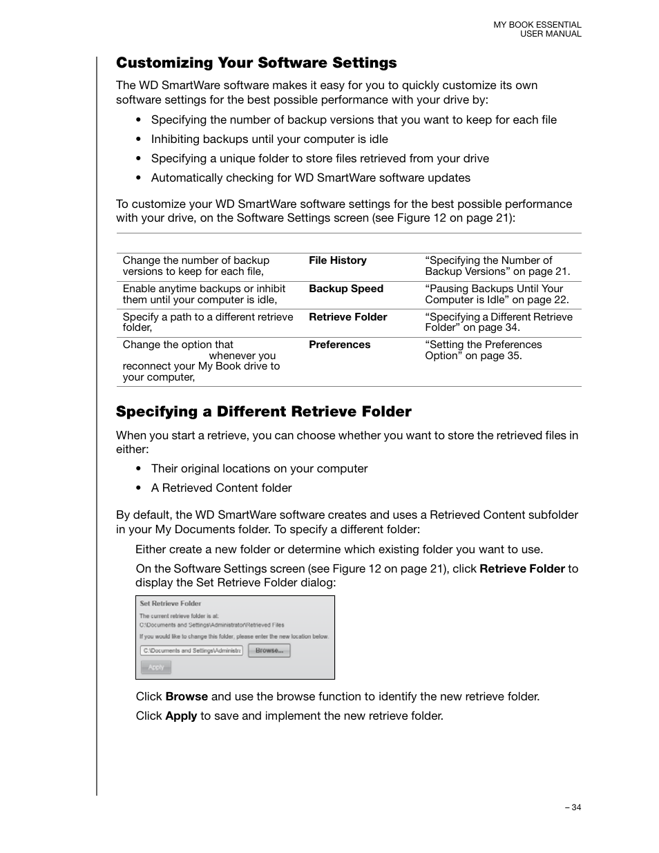 Customizing your software settings, Specifying a different retrieve folder | Western Digital My Book Essential User Manual User Manual | Page 39 / 78