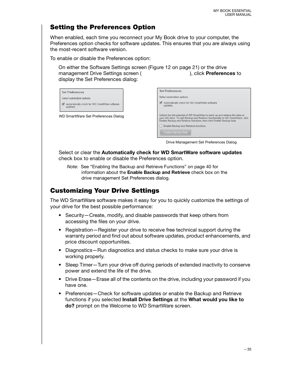 Setting the preferences option, Customizing your drive settings | Western Digital My Book Essential User Manual User Manual | Page 40 / 78