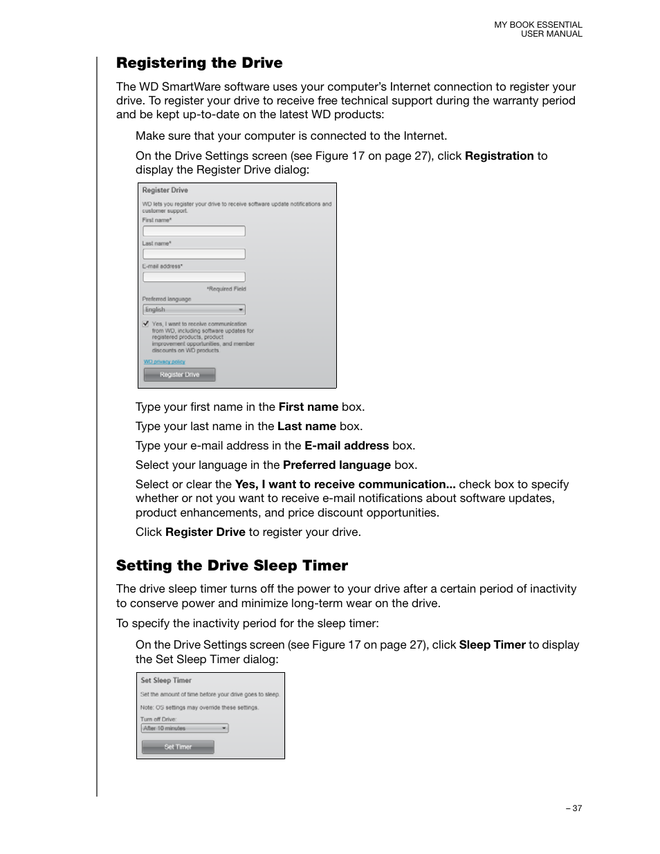 Registering the drive, Setting the drive sleep timer, Registering the drive” on | Western Digital My Book Essential User Manual User Manual | Page 42 / 78