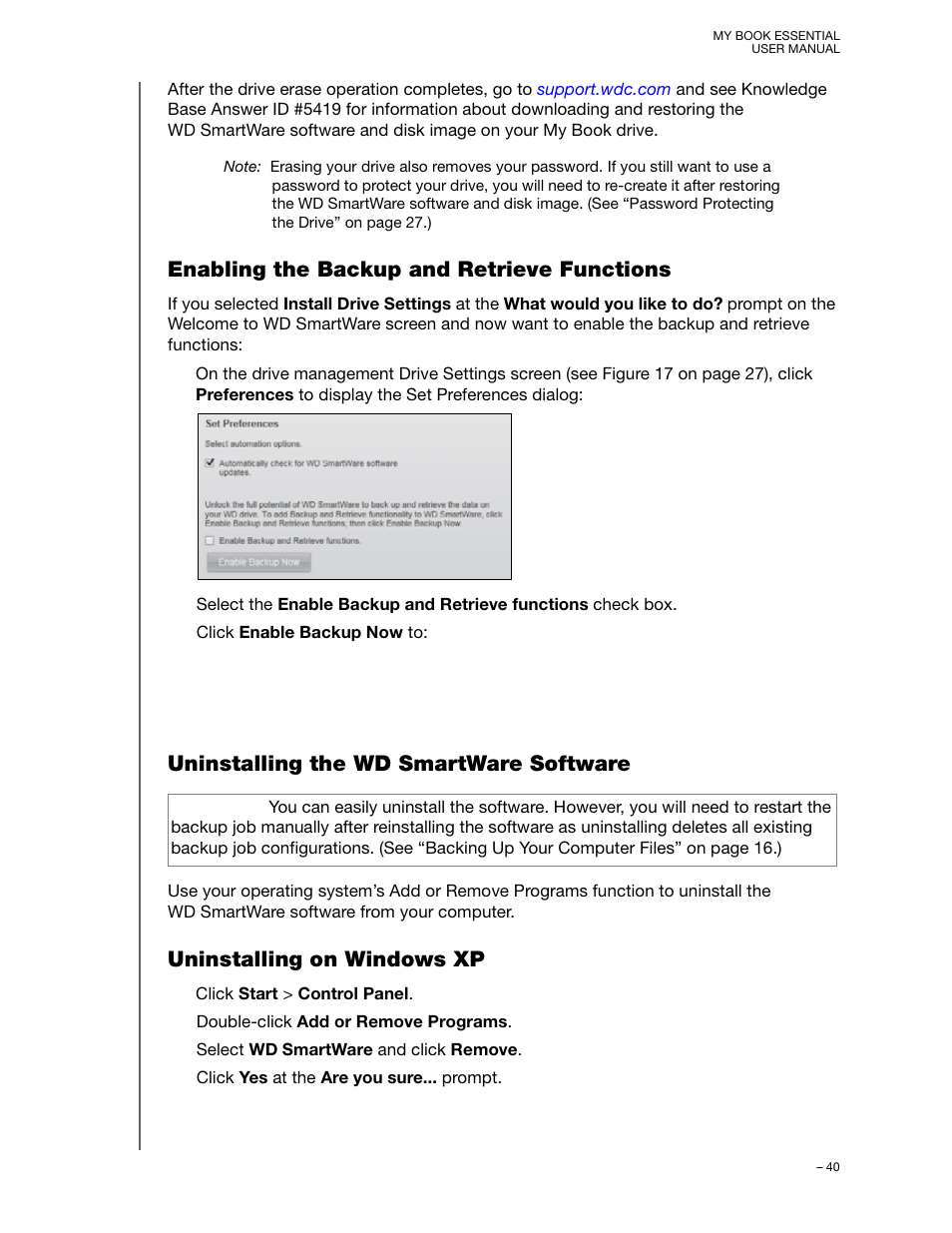 Enabling the backup and retrieve functions, Uninstalling the wd smartware software, Uninstalling on windows xp | Enabling the backup and retrieve | Western Digital My Book Essential User Manual User Manual | Page 45 / 78
