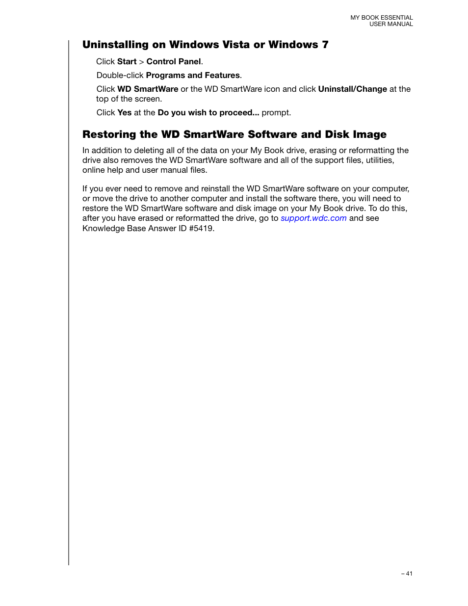 Uninstalling on windows vista or windows 7, Restoring the wd smartware software and disk image | Western Digital My Book Essential User Manual User Manual | Page 46 / 78
