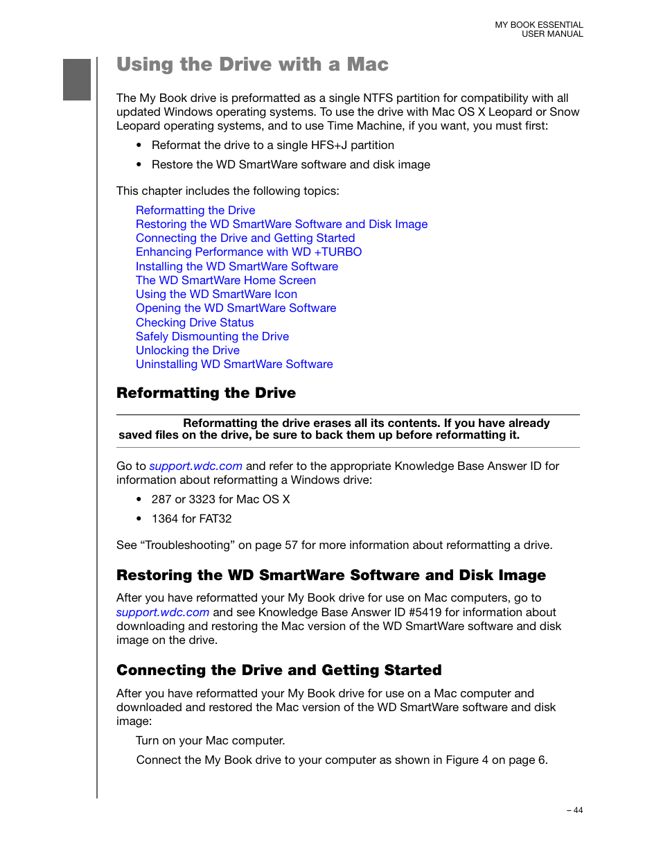 Using the drive with a mac, Reformatting the drive, Restoring the wd smartware software and disk image | Connecting the drive and getting started, Restoring the wd | Western Digital My Book Essential User Manual User Manual | Page 49 / 78
