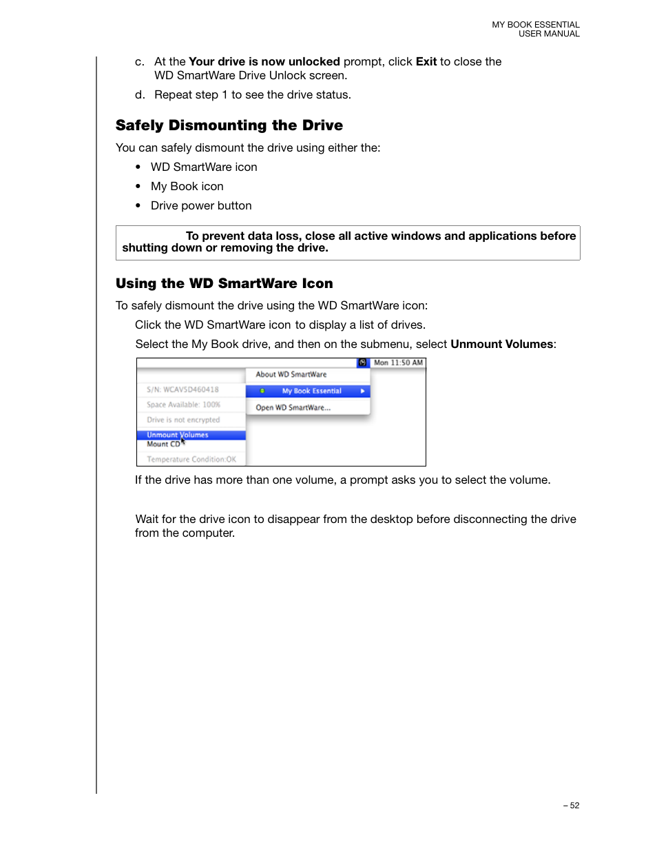 Safely dismounting the drive, Using the wd smartware icon | Western Digital My Book Essential User Manual User Manual | Page 57 / 78