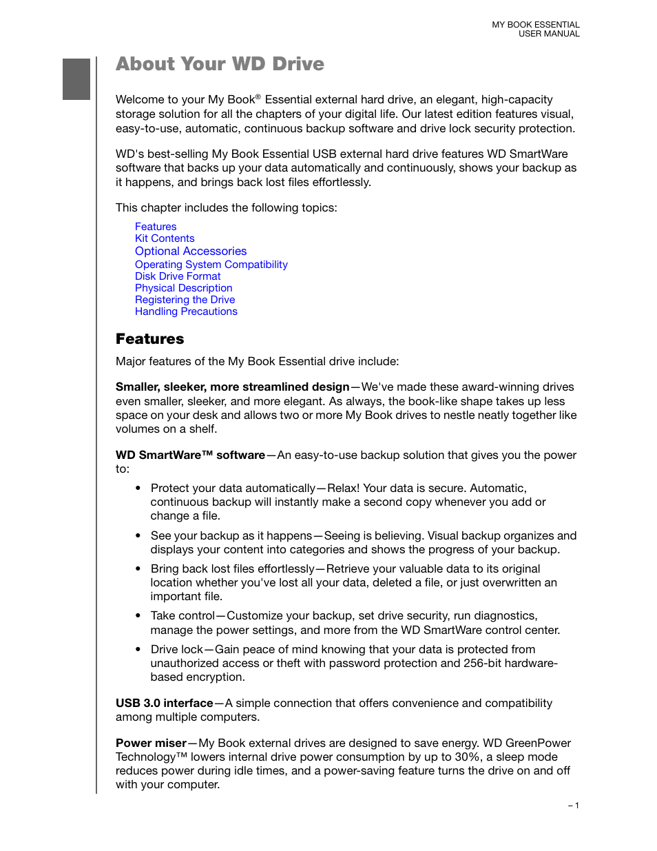 About your wd drive, Features | Western Digital My Book Essential User Manual User Manual | Page 6 / 78