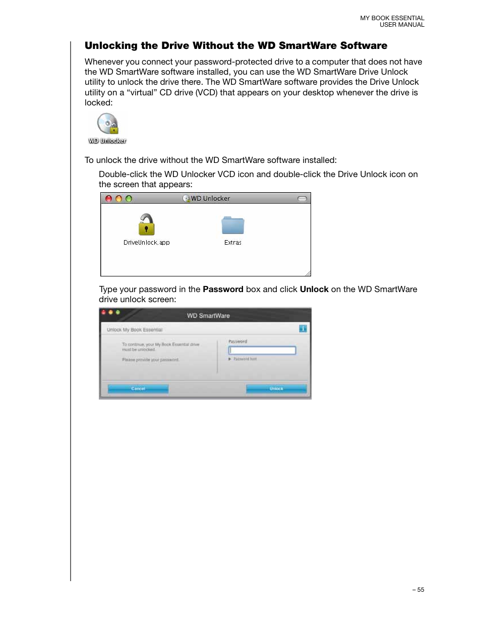 Unlocking the drive without the wd smartware soft | Western Digital My Book Essential User Manual User Manual | Page 60 / 78