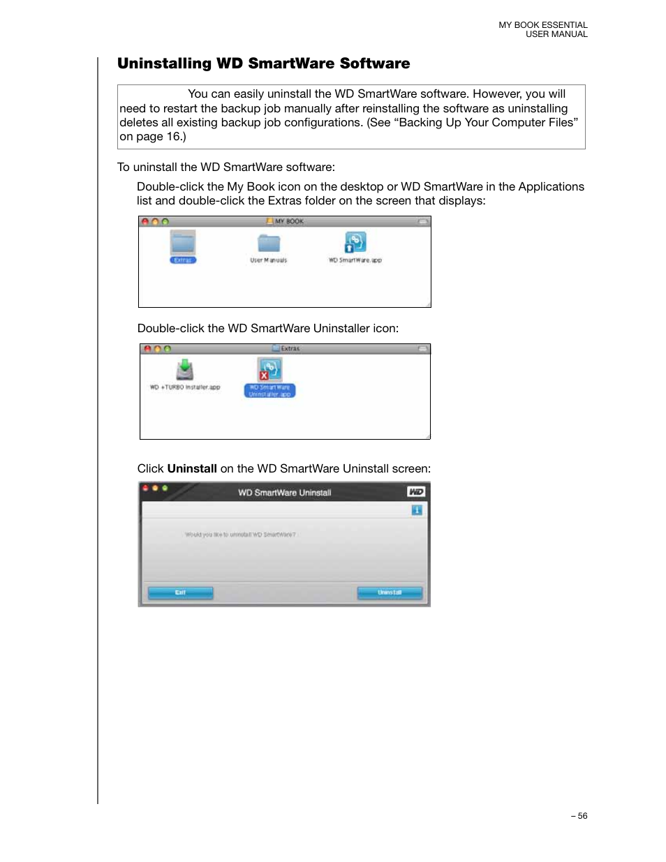 Uninstalling wd smartware software | Western Digital My Book Essential User Manual User Manual | Page 61 / 78
