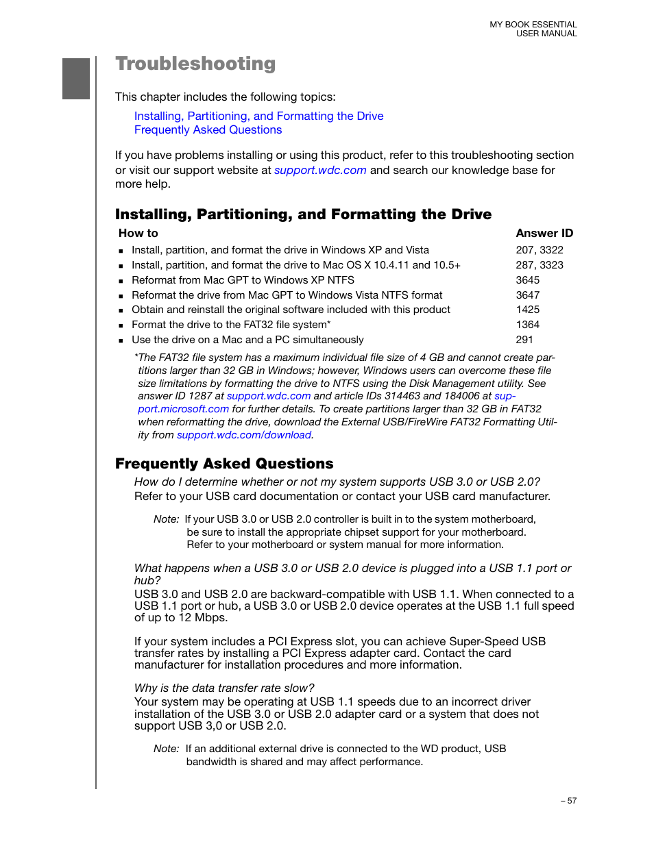 Troubleshooting, Installing, partitioning, and formatting the drive, Frequently asked questions | Western Digital My Book Essential User Manual User Manual | Page 62 / 78