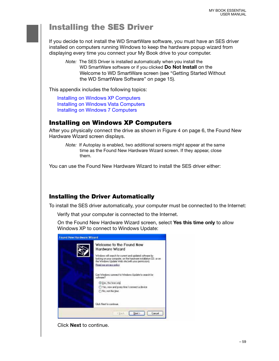 Installing the ses driver, Installing on windows xp computers, Installing the driver automatically | Western Digital My Book Essential User Manual User Manual | Page 64 / 78
