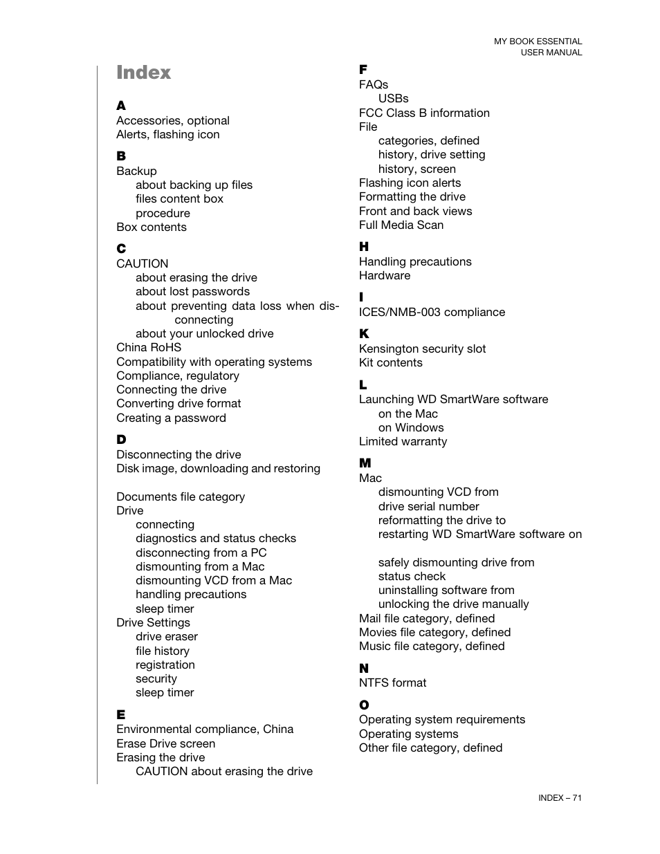 Index | Western Digital My Book Essential User Manual User Manual | Page 76 / 78