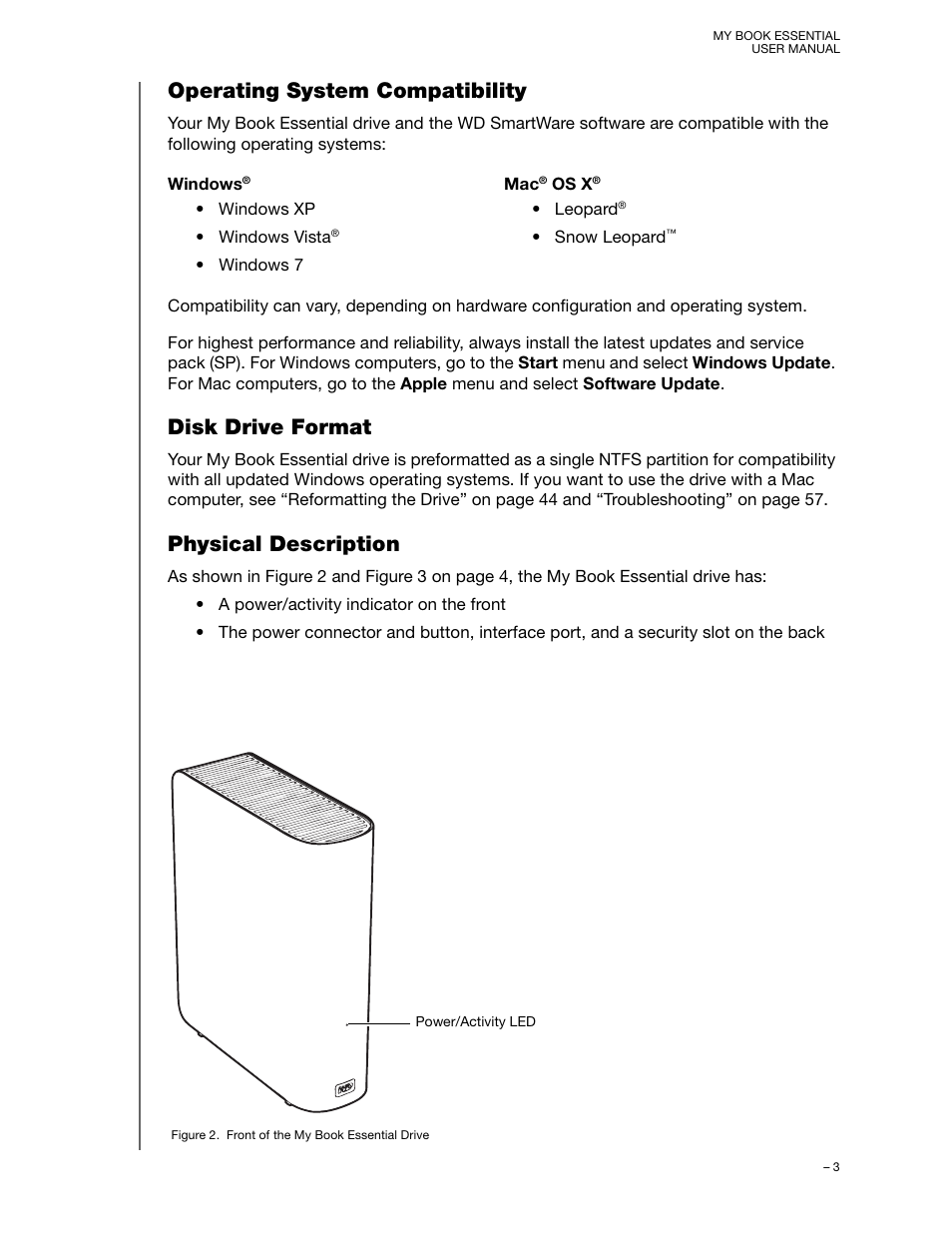 Operating system compatibility, Disk drive format, Physical description | Western Digital My Book Essential User Manual User Manual | Page 8 / 78