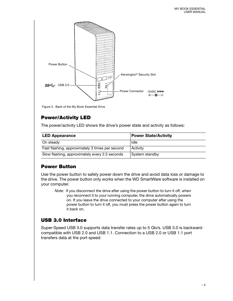 Power/activity led, Power button, Usb 3.0 interface | Western Digital My Book Essential User Manual User Manual | Page 9 / 78