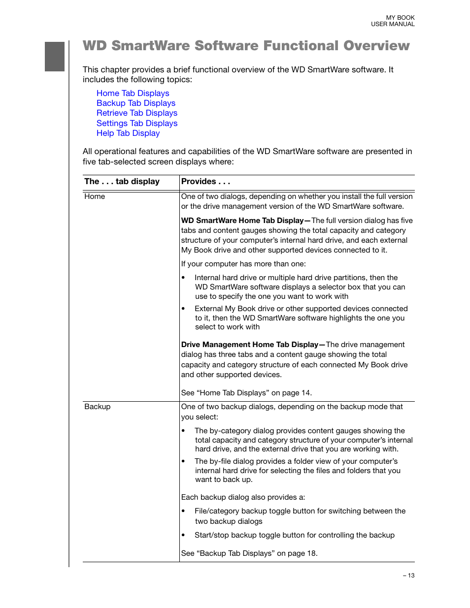 Wd smartware software functional overview | Western Digital My Book/My Book Essential (USB 3.0) User Manual User Manual | Page 18 / 93