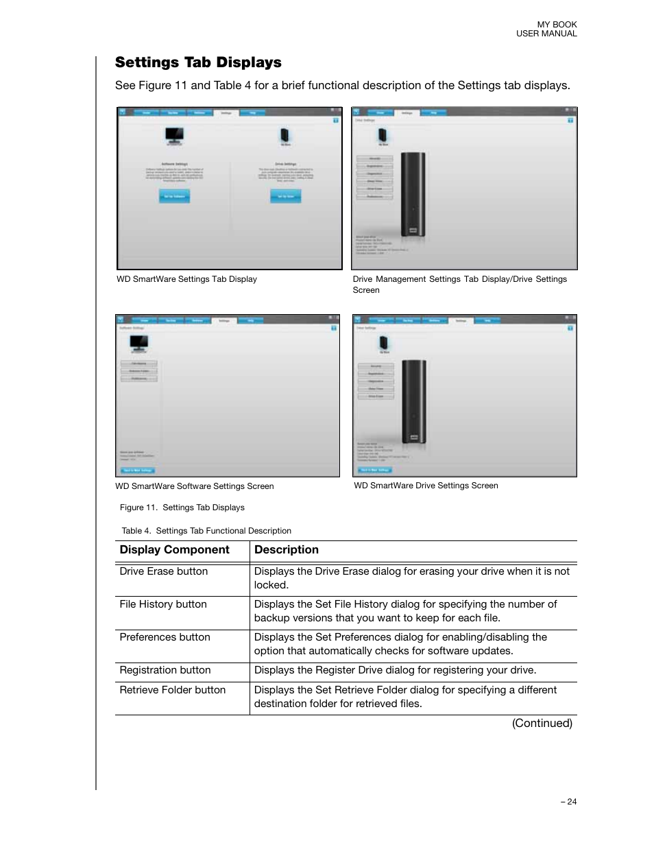 Settings tab displays | Western Digital My Book/My Book Essential (USB 3.0) User Manual User Manual | Page 29 / 93