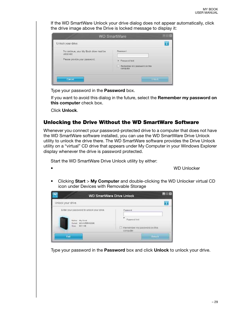 Unlocking the drive without the w | Western Digital My Book/My Book Essential (USB 3.0) User Manual User Manual | Page 34 / 93