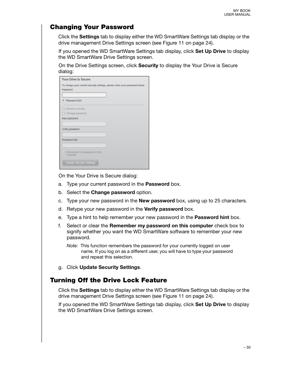 Changing your password, Turning off the drive lock feature | Western Digital My Book/My Book Essential (USB 3.0) User Manual User Manual | Page 35 / 93