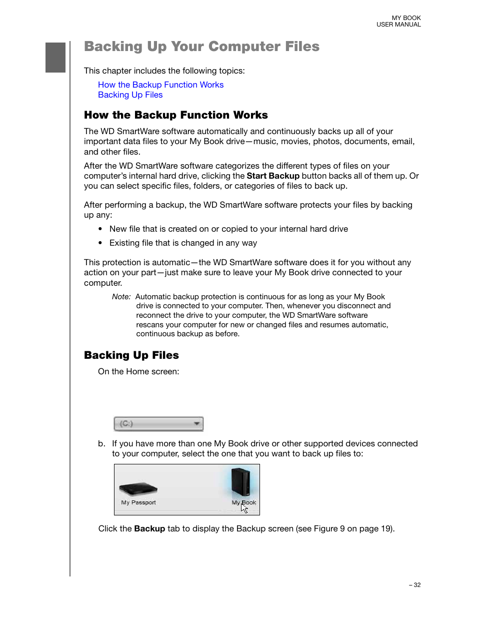 Backing up your computer files, How the backup function works, Backing up files | Ups (see “backing up your | Western Digital My Book/My Book Essential (USB 3.0) User Manual User Manual | Page 37 / 93