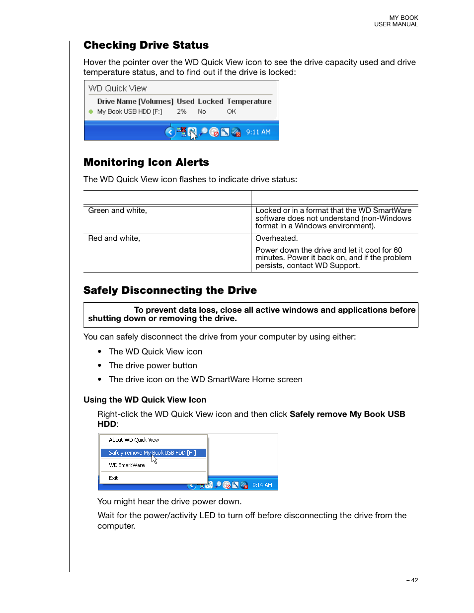 Checking drive status, Monitoring icon alerts, Safely disconnecting the drive | Western Digital My Book/My Book Essential (USB 3.0) User Manual User Manual | Page 47 / 93