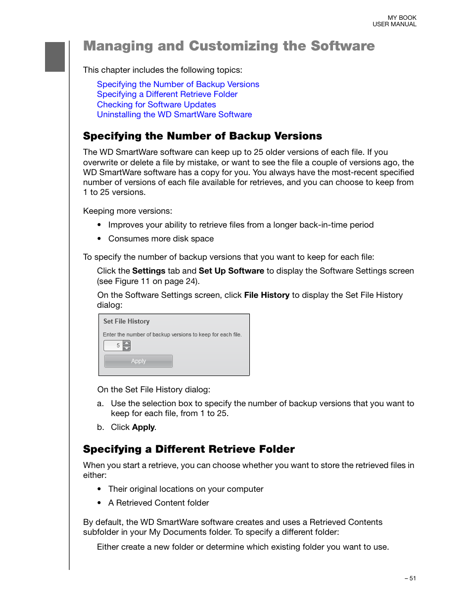 Managing and customizing the software, Specifying the number of backup versions, Specifying a different retrieve folder | Western Digital My Book/My Book Essential (USB 3.0) User Manual User Manual | Page 56 / 93