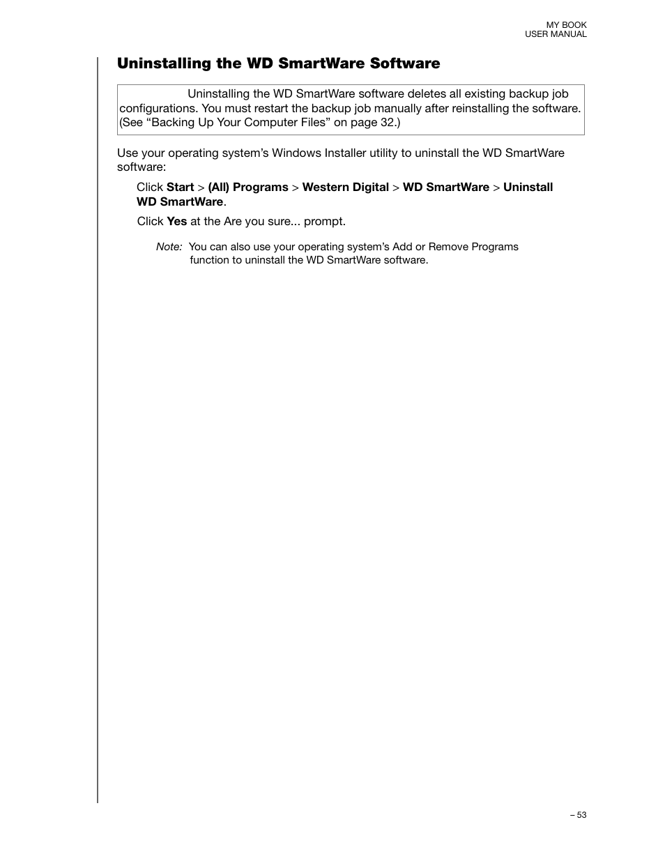 Uninstalling the wd smartware software | Western Digital My Book/My Book Essential (USB 3.0) User Manual User Manual | Page 58 / 93