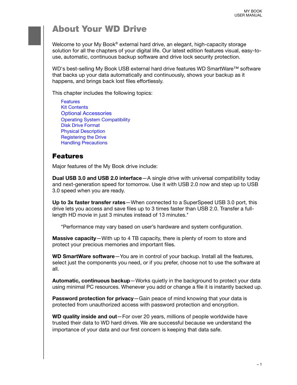 About your wd drive, Features | Western Digital My Book/My Book Essential (USB 3.0) User Manual User Manual | Page 6 / 93
