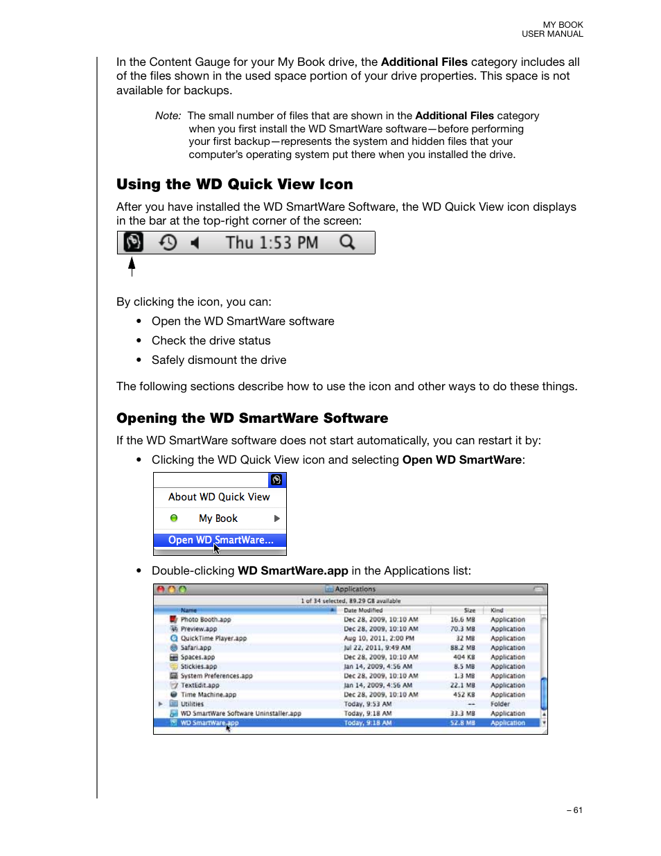 Using the wd quick view icon, Opening the wd smartware software | Western Digital My Book/My Book Essential (USB 3.0) User Manual User Manual | Page 66 / 93