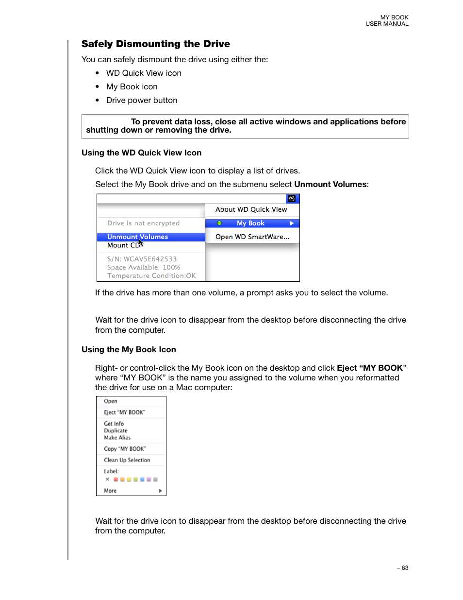 Safely dismounting the drive | Western Digital My Book/My Book Essential (USB 3.0) User Manual User Manual | Page 68 / 93