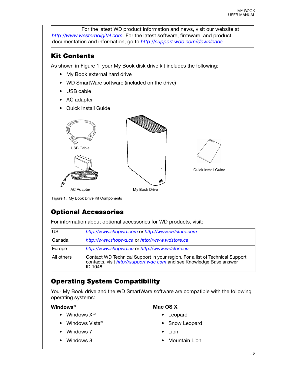 Kit contents, Optional accessories, Operating system compatibility | Western Digital My Book/My Book Essential (USB 3.0) User Manual User Manual | Page 7 / 93