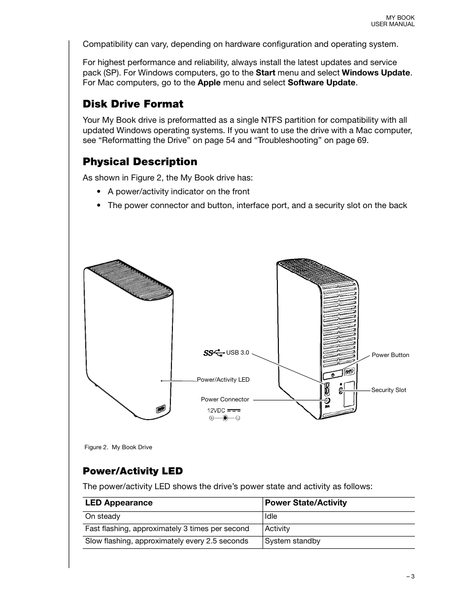 Disk drive format, Physical description, Power/activity led | Disk drive format physical description | Western Digital My Book/My Book Essential (USB 3.0) User Manual User Manual | Page 8 / 93