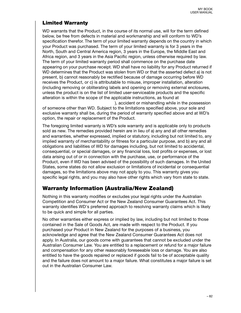 Limited warranty, Warranty information (australia/new zealand) | Western Digital My Book/My Book Essential (USB 3.0) User Manual User Manual | Page 87 / 93