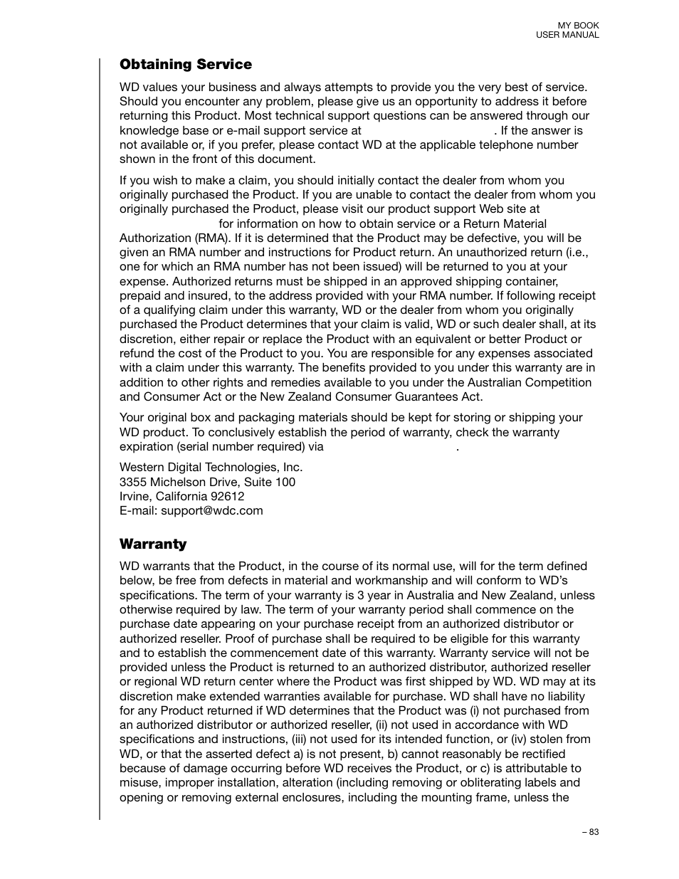 Obtaining service, Warranty | Western Digital My Book/My Book Essential (USB 3.0) User Manual User Manual | Page 88 / 93