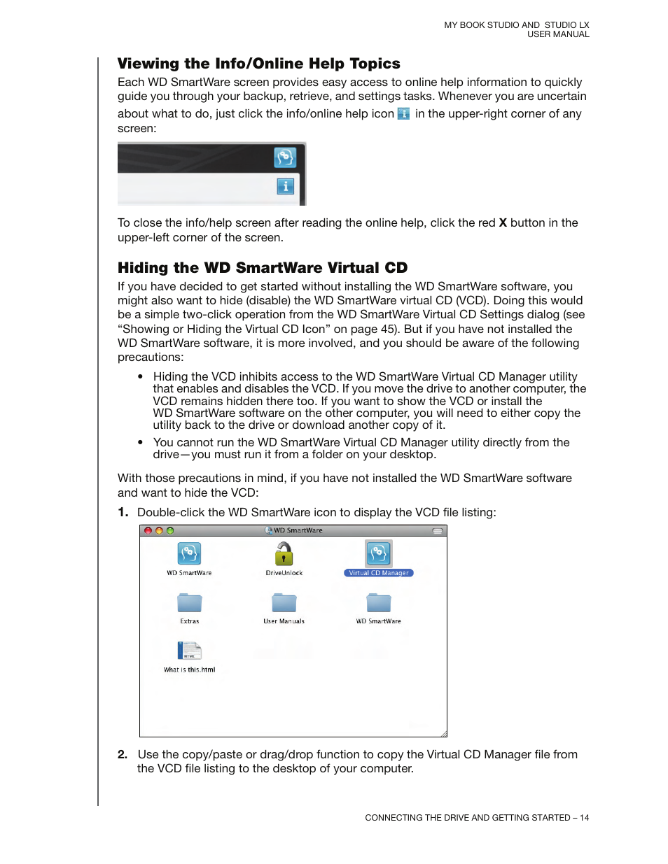 Viewing the info/online help topics, Hiding the wd smartware virtual cd | Western Digital My Book Studio/Studio LX User Manual User Manual | Page 19 / 82