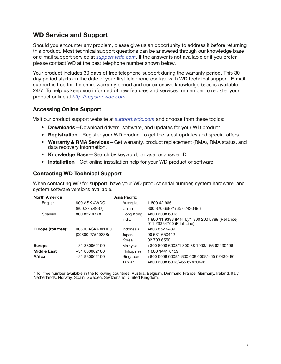 Wd service and support, Accessing online support, Contacting wd technical support | Western Digital My Book Studio/Studio LX User Manual User Manual | Page 2 / 82