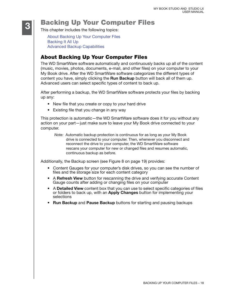 Backing up your computer files, About backing up your computer files, And “backing up your com | Western Digital My Book Studio/Studio LX User Manual User Manual | Page 23 / 82