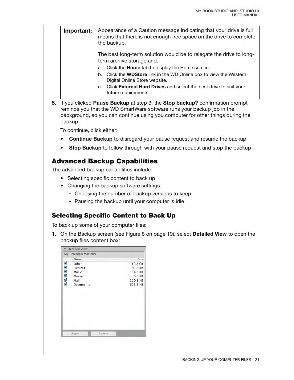 Advanced backup capabilities, Selecting specific content to back up | Western Digital My Book Studio/Studio LX User Manual User Manual | Page 26 / 82