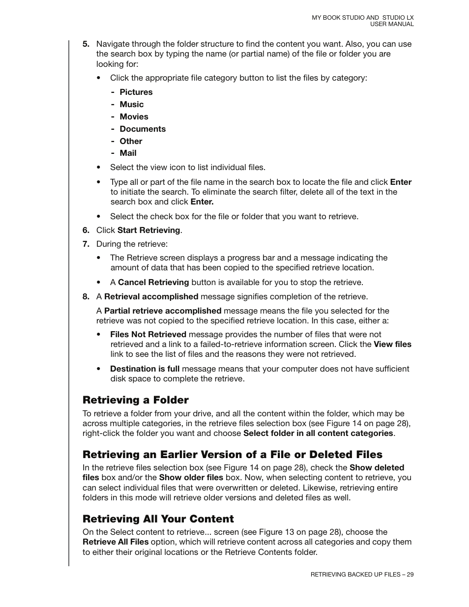 Retrieving a folder, Retrieving all your content | Western Digital My Book Studio/Studio LX User Manual User Manual | Page 34 / 82
