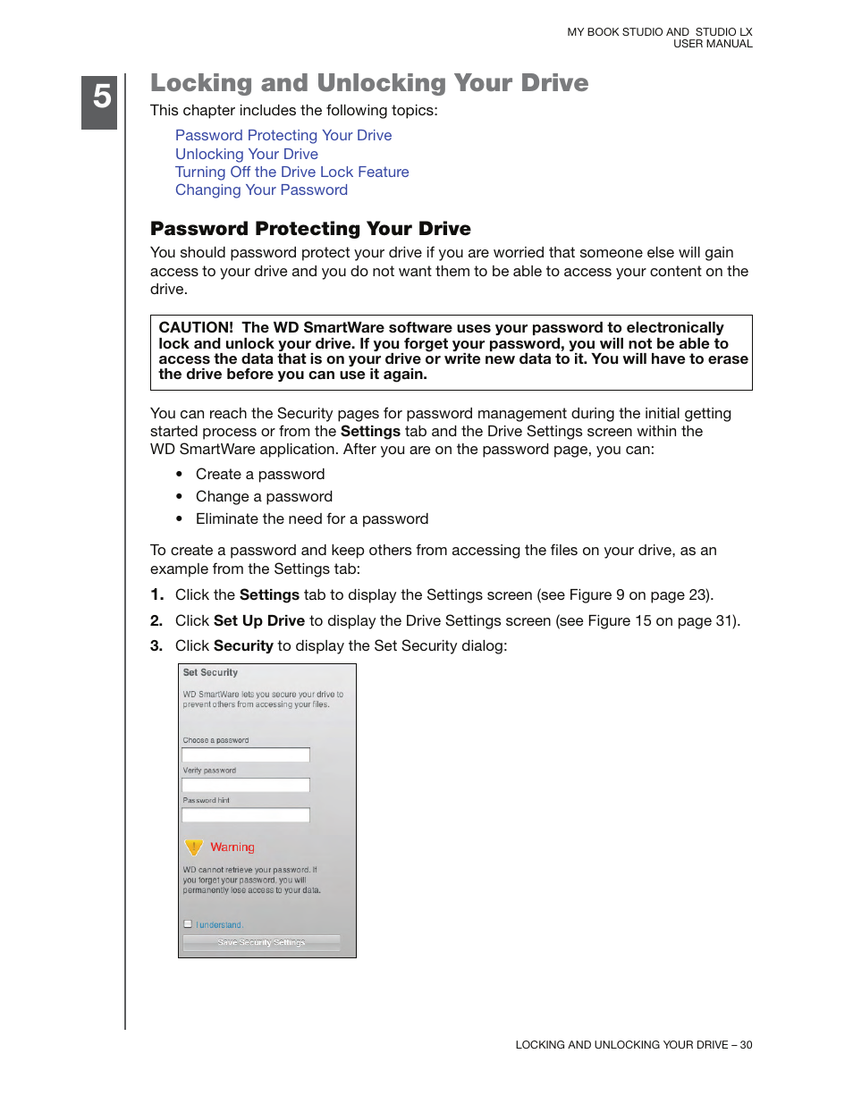 Locking and unlocking your drive, Password protecting your drive, D “password pro | Western Digital My Book Studio/Studio LX User Manual User Manual | Page 35 / 82