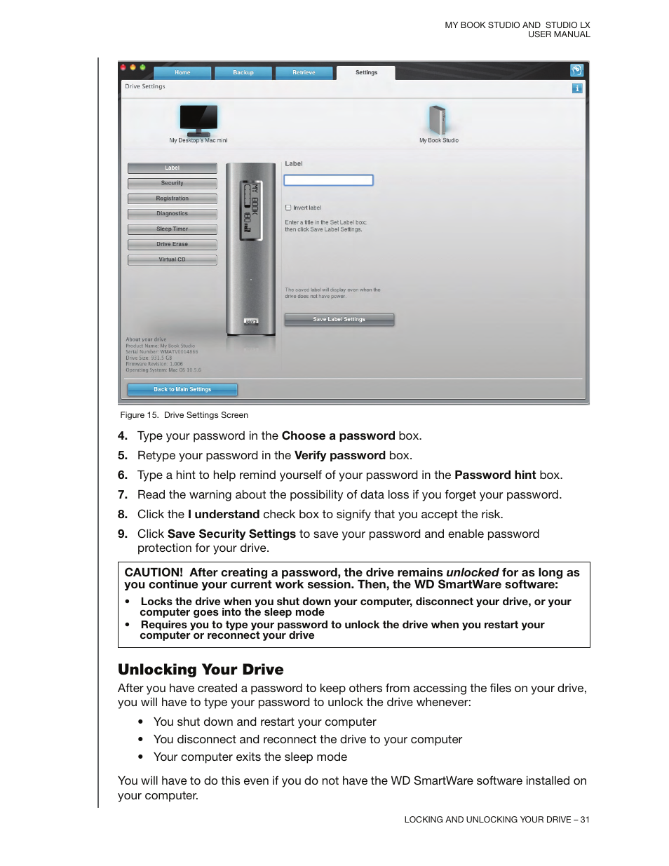 Unlocking your drive | Western Digital My Book Studio/Studio LX User Manual User Manual | Page 36 / 82