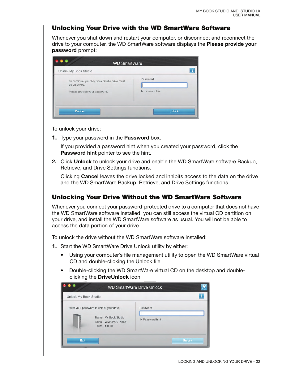 Unlocking your drive without the w | Western Digital My Book Studio/Studio LX User Manual User Manual | Page 37 / 82