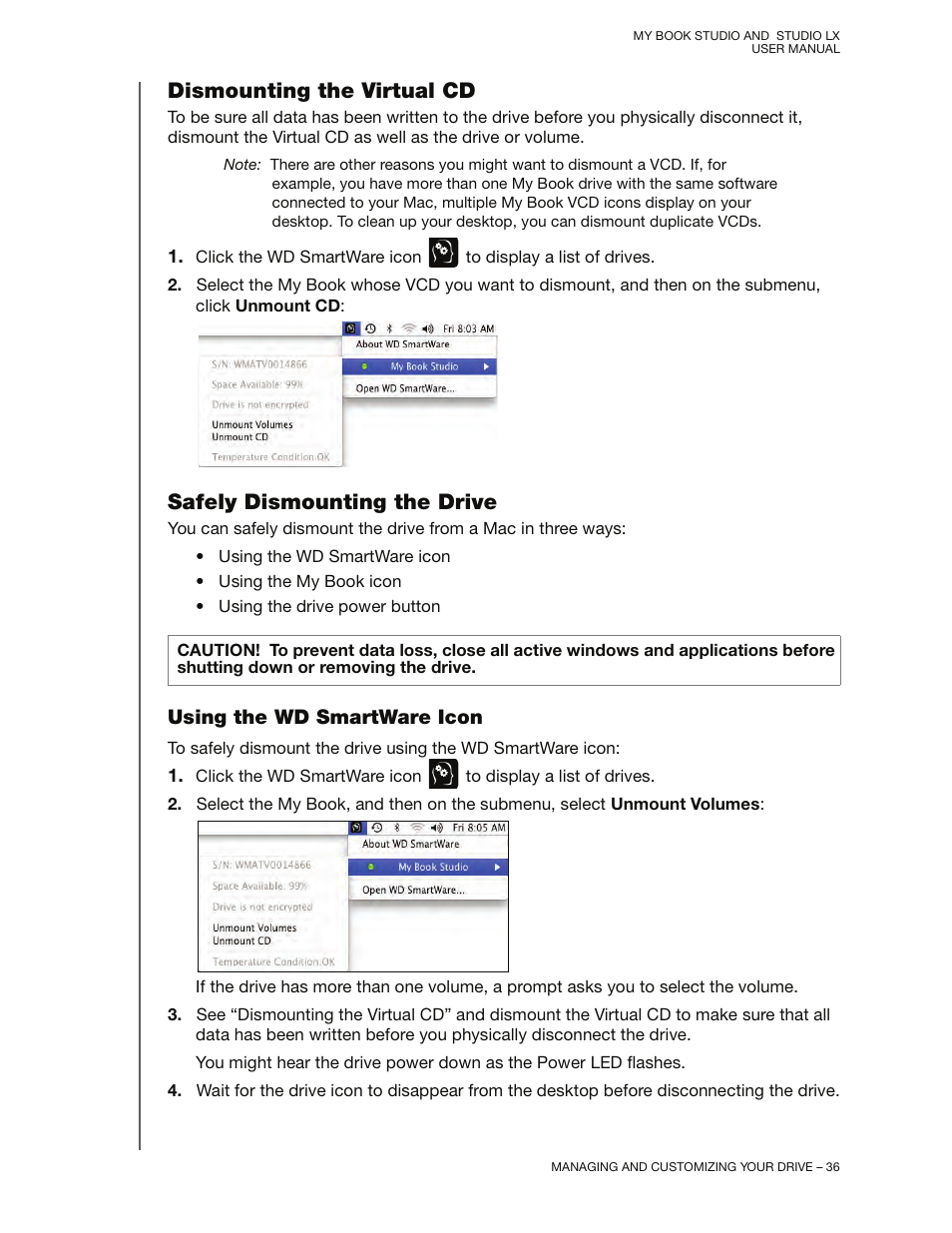 Dismounting the virtual cd, Safely dismounting the drive, Using the wd smartware icon | Western Digital My Book Studio/Studio LX User Manual User Manual | Page 41 / 82