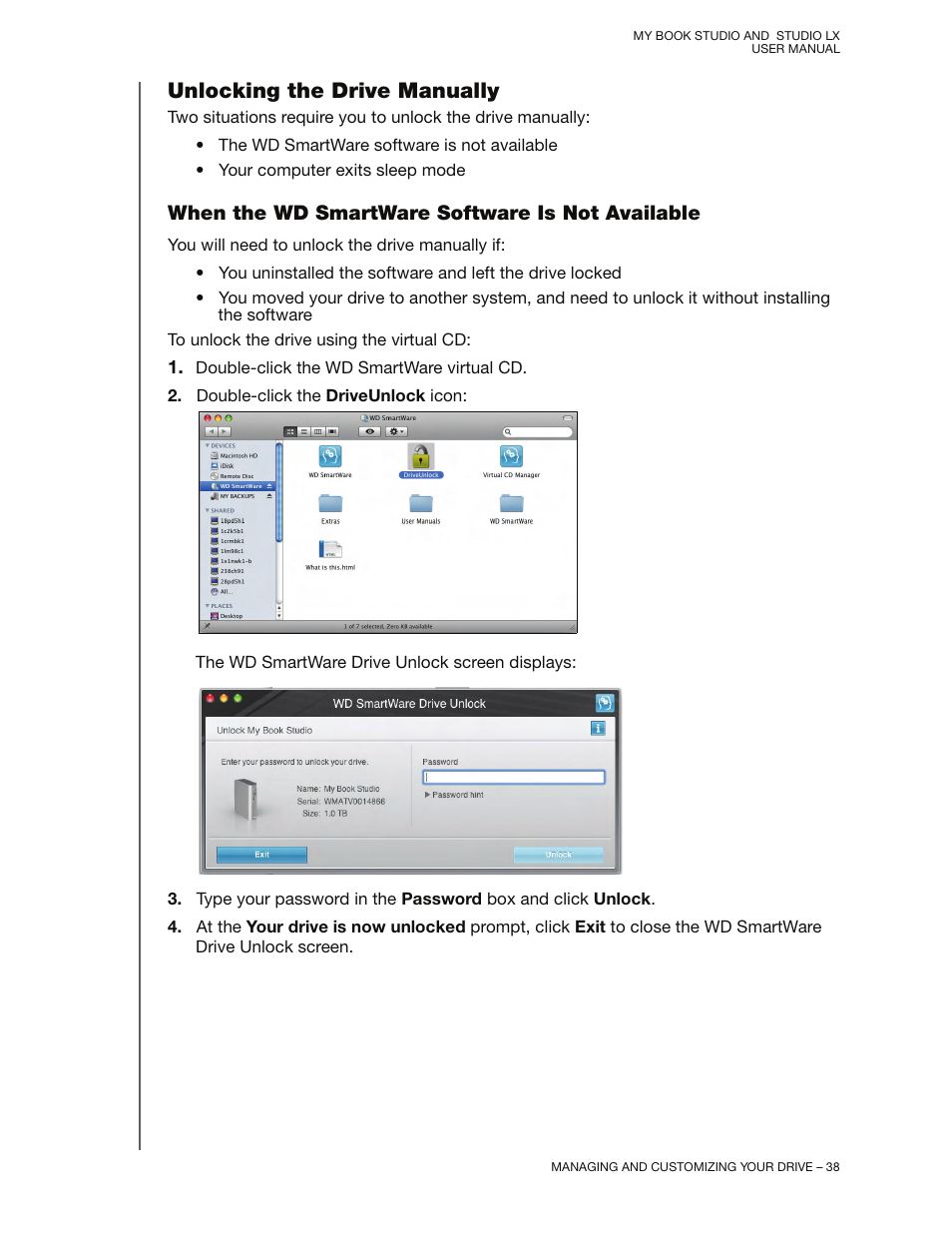 Unlocking the drive manually, When the wd smartware software is not available | Western Digital My Book Studio/Studio LX User Manual User Manual | Page 43 / 82